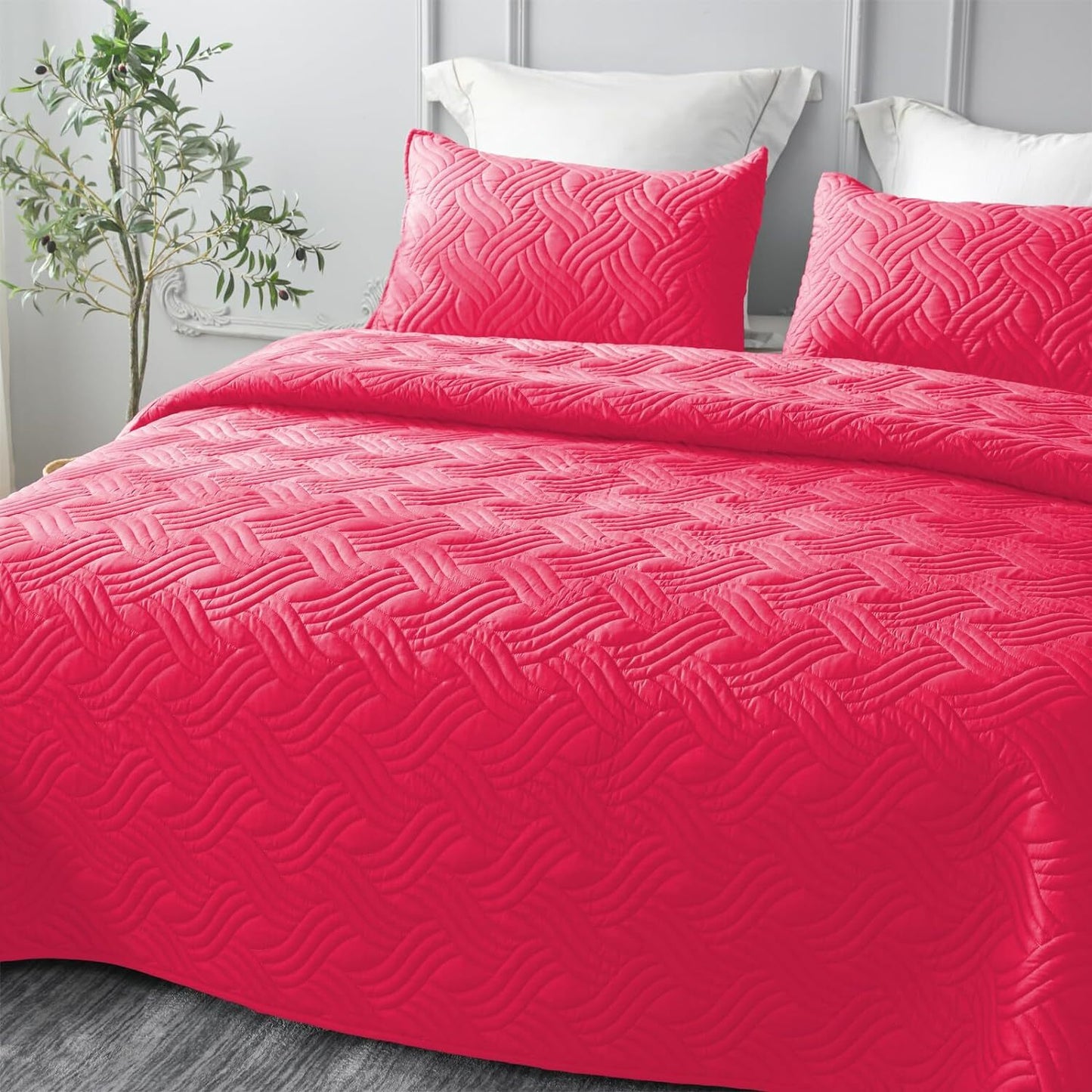 Whale Flotilla Quilt Set Twin Size, Soft Microfiber Lightweight Bedspread Coverlet Bed Cover (Wave Pattern) for All Seasons£¬Hot Pink, 2 Pieces (Includes 1 Quilt,1 Sham)