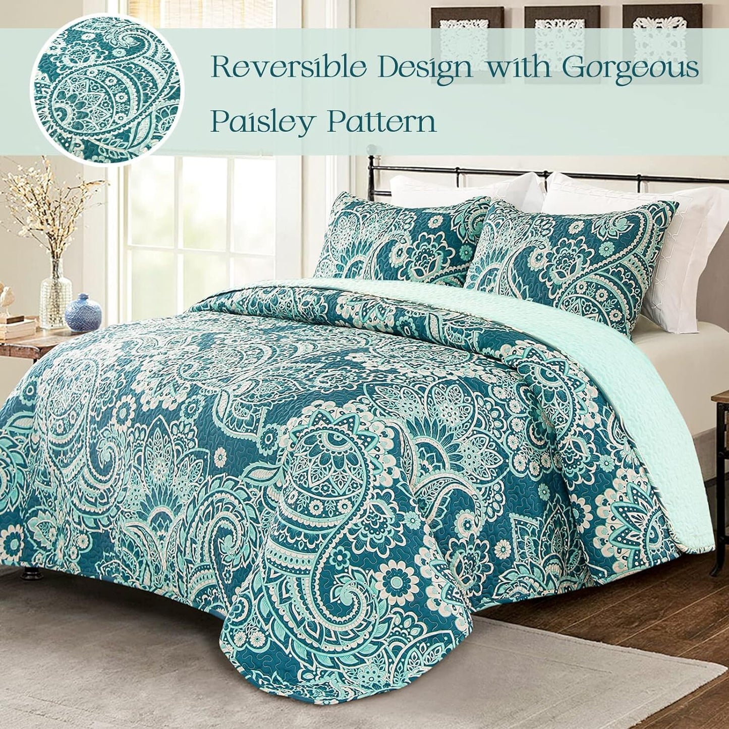 Whale Flotilla Reversible Paisley Quilts King Size, Lightweight Boho Printed Bedspreads Coverlets Quilt Bedding Set with 2 Pillow Shams for All Seasons, Turquoise