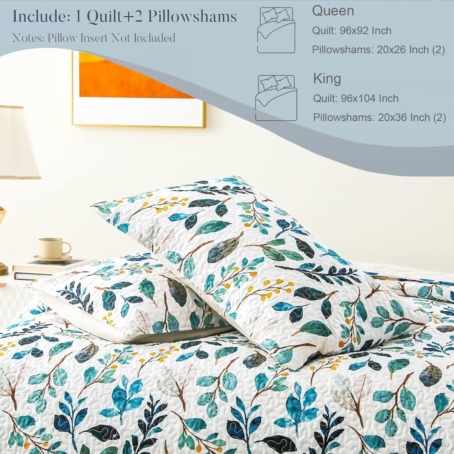 Whale Flotilla Reversible Floral Quilts King Size, Lightweight Boho Printed Bedspreads Coverlets Quilt Bedding Set with 2 Pillow Shams for All Seasons, White/Navy