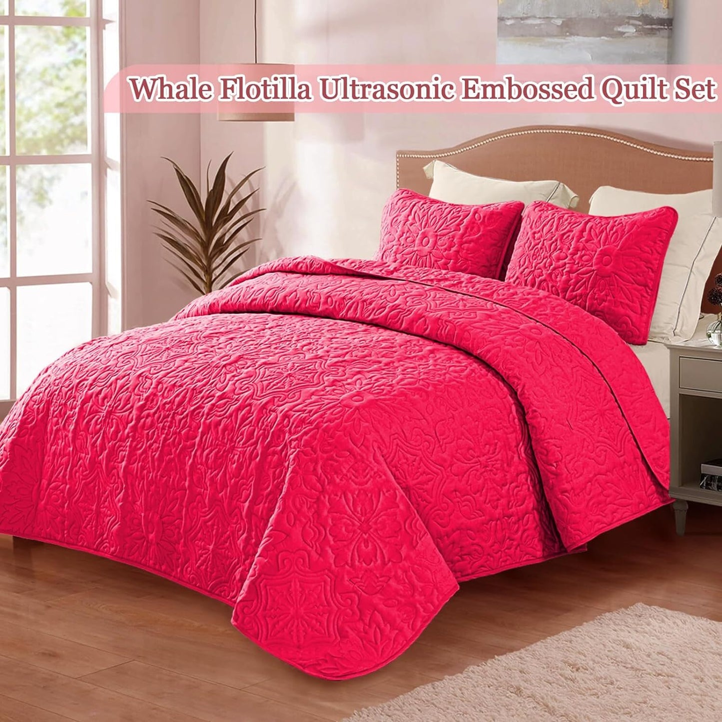 Whale Flotilla 3-Piece Queen Quilt Set, Soft Embossed Bedding Set, Lightweight Bedspread Coverlet with Damask Vintage Pattern, Reversible Bed Cover for All Seasons,Hot Pink