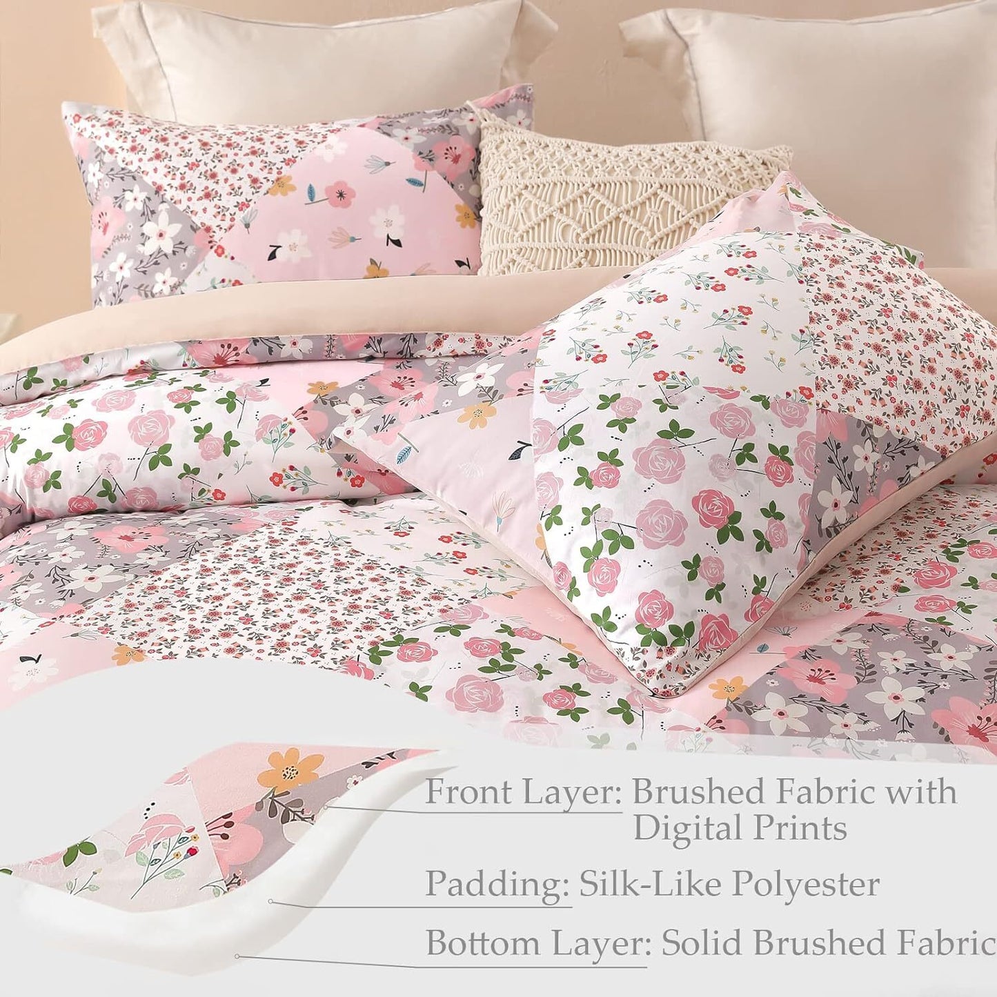 Whale Flotilla 3-Piece King Comforter Set, Soft Reversible Bedding Comforter Sets, Patchwork Printed Down Alternative Comforter Duvet for All Seasons, Pink