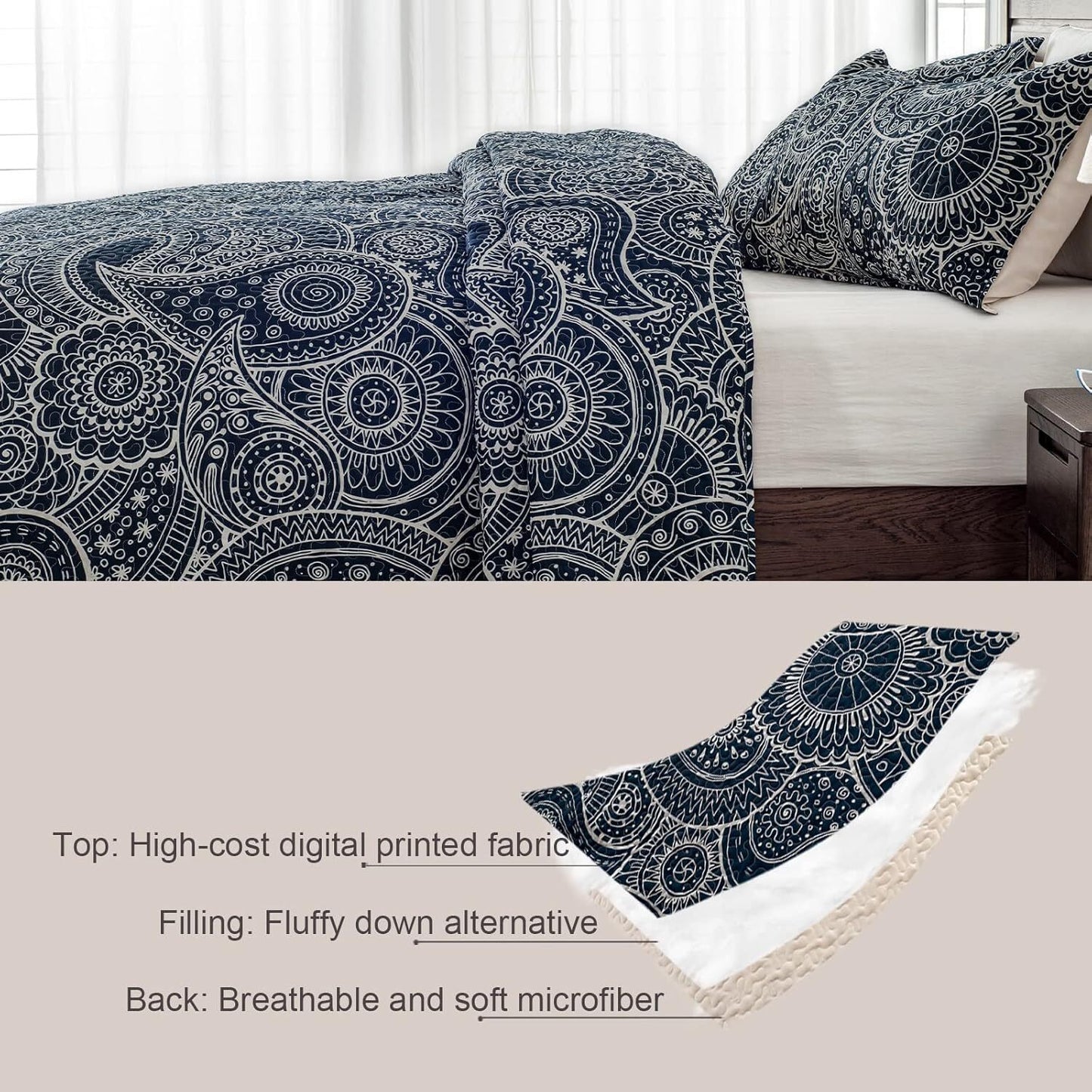 Whale Flotilla Reversible Paisley Quilts Full/Queen Size, Lightweight Boho Printed Bedspreads Coverlets Quilt Bedding Set with 2 Pillow Shams for All Seasons, Navy/Bone