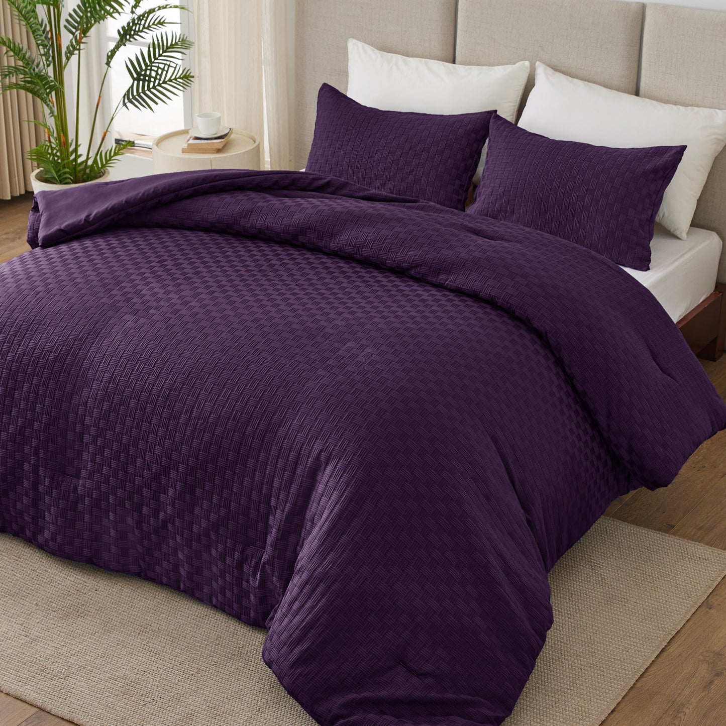 Whale Flotilla 3-Piece Jacquard Braid Ultra Soft Queen Comforter Set, Luxury Reversible Microfiber Comforters Full Size Bedding Set with 2 Pillowcases, Lightweight Duvet for All Seasons, Purple