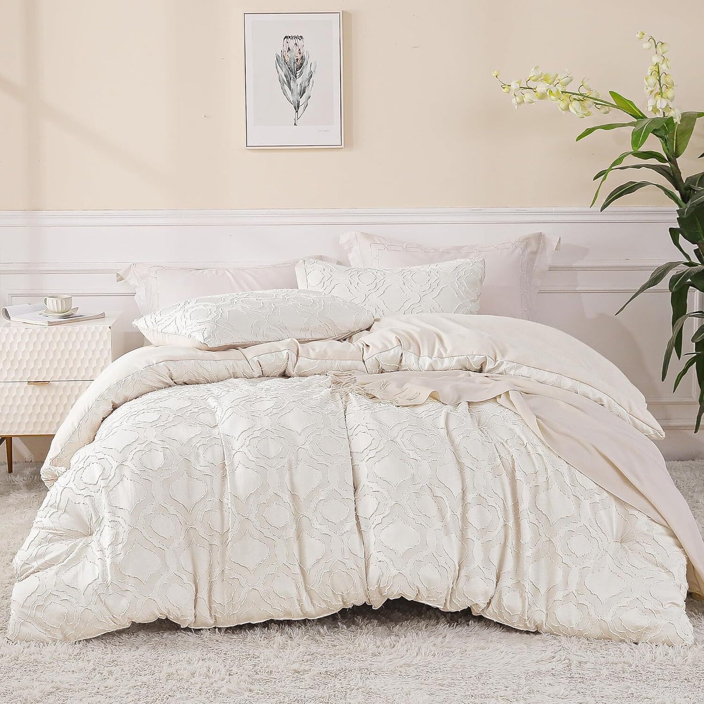 Whale Flotilla 2-Piece Tufted Twin Comforter Set, Soft Fluffy Shabby Chic Comforter for All Seasons, Farmhouse Boho Duvet Bedding Sets with 1 Pillow Sham, 68"x90", White