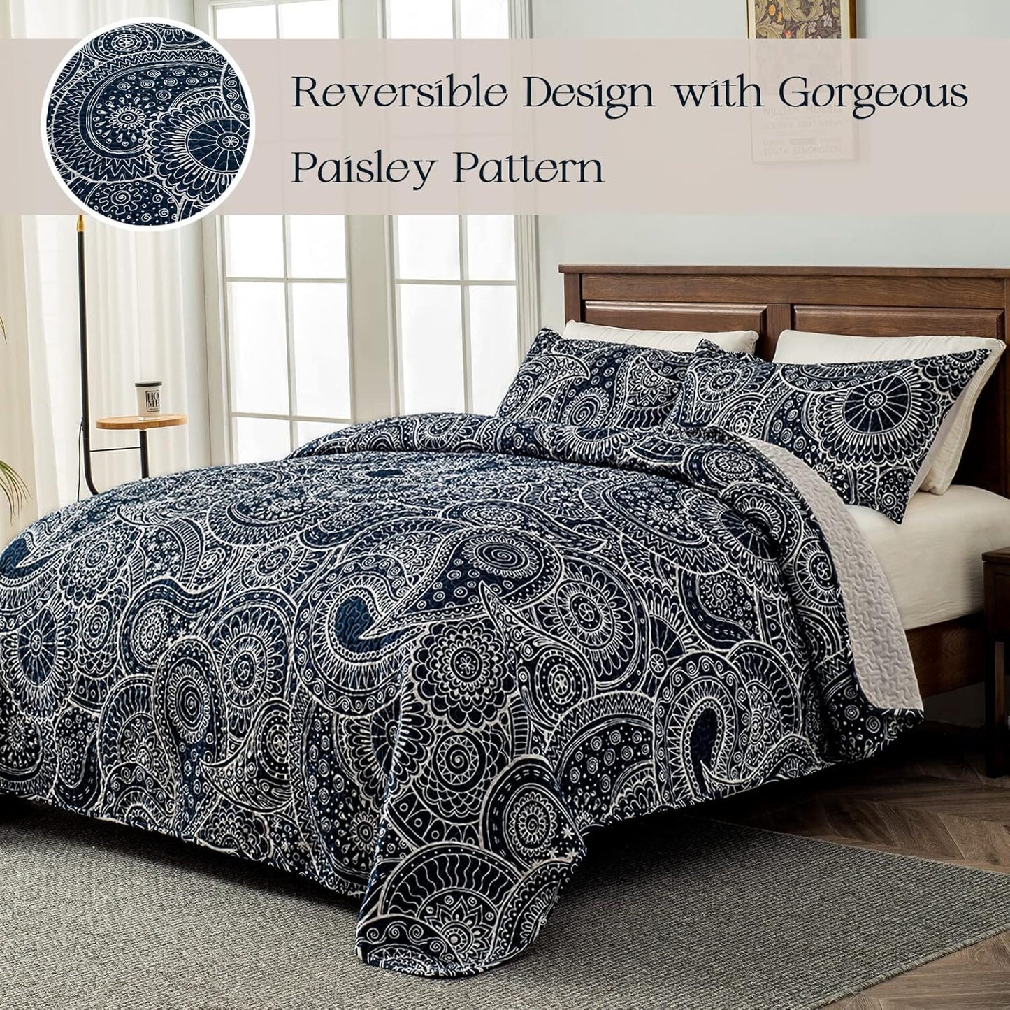 Whale Flotilla Reversible Paisley Quilts Full/Queen Size, Lightweight Boho Printed Bedspreads Coverlets Quilt Bedding Set with 2 Pillow Shams for All Seasons, Navy/Bone