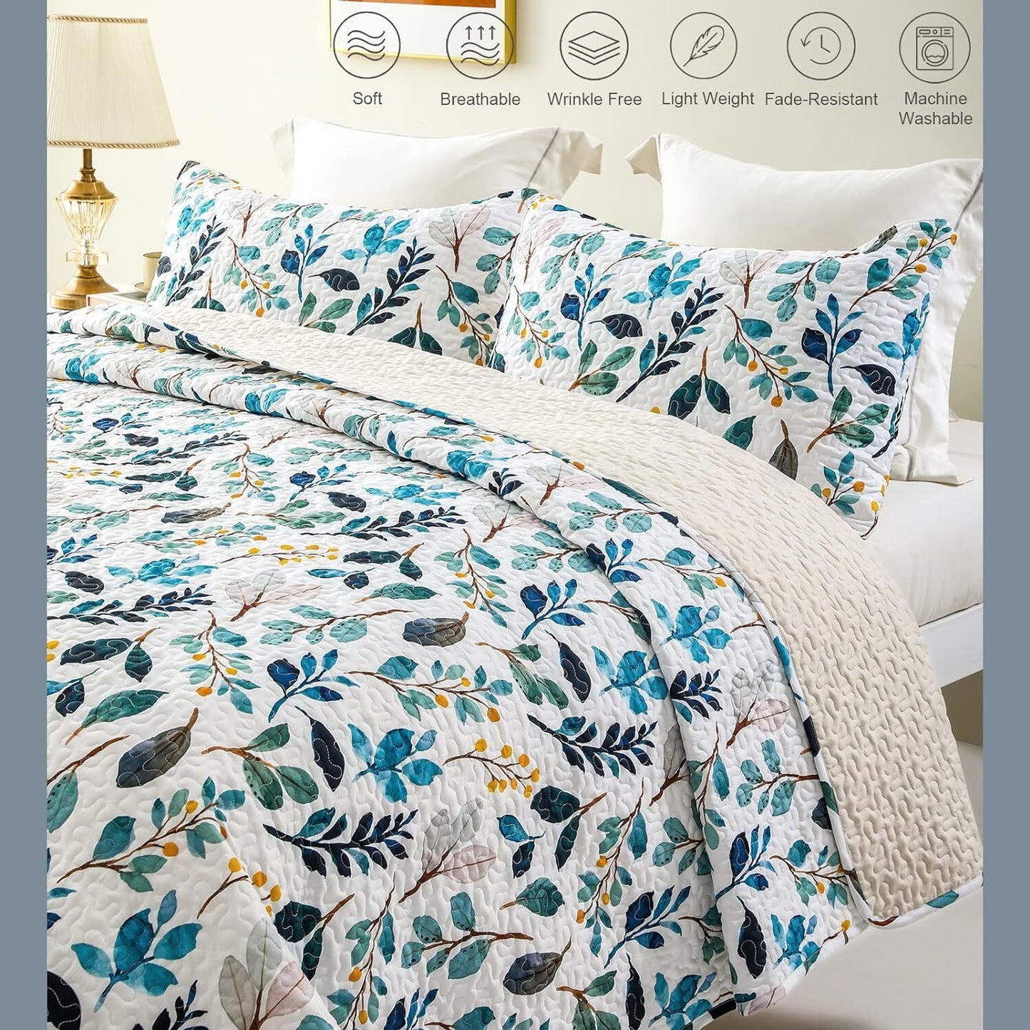 Whale Flotilla Reversible Floral Quilts King Size, Lightweight Boho Printed Bedspreads Coverlets Quilt Bedding Set with 2 Pillow Shams for All Seasons, White/Navy