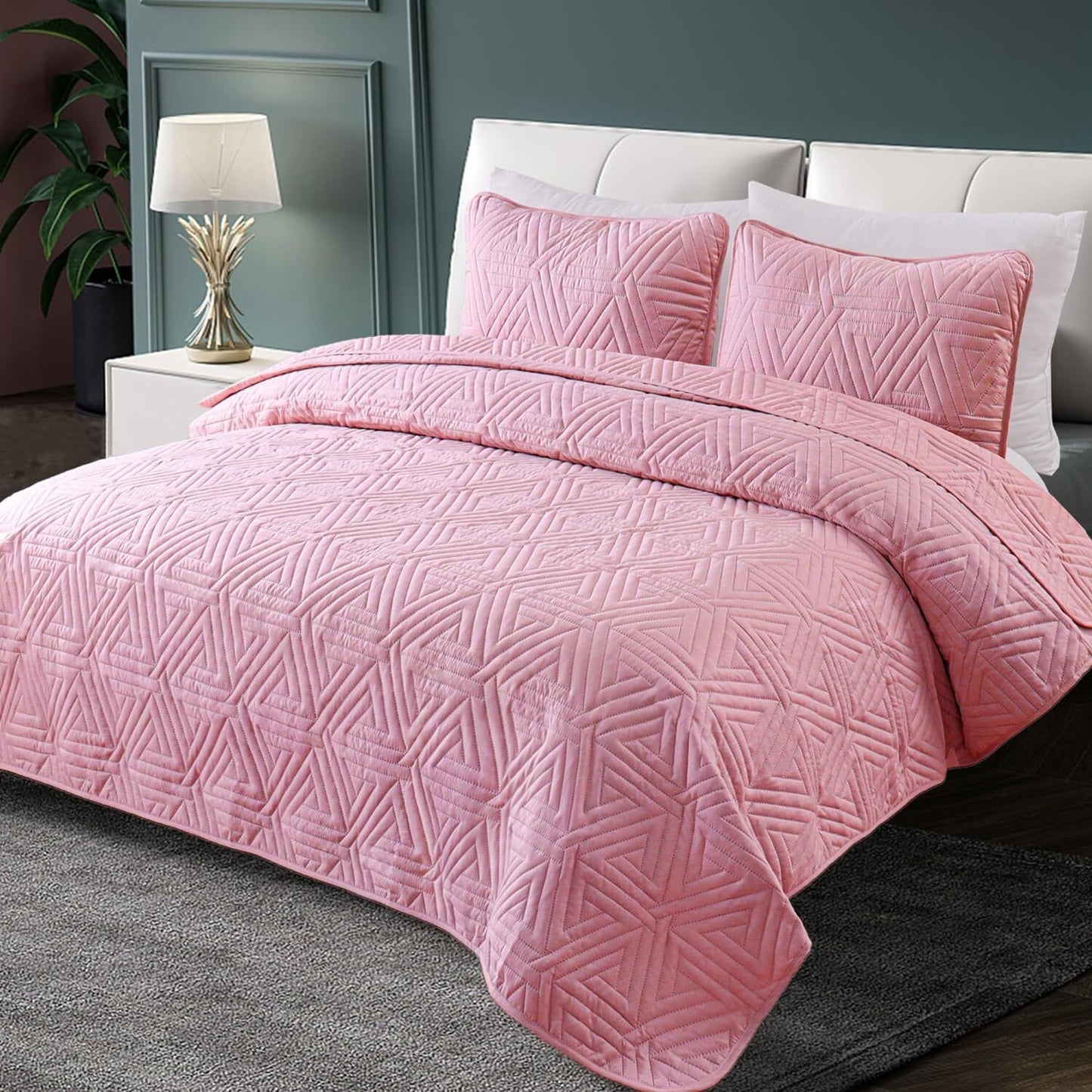 Whale Flotilla 2-Piece Twin Size Quilt Set/Bedspreads/Coverlets for All Season, Classic Geometric Pattern Bedding Set with Pillow Sham, Soft and Lightweight, Pink