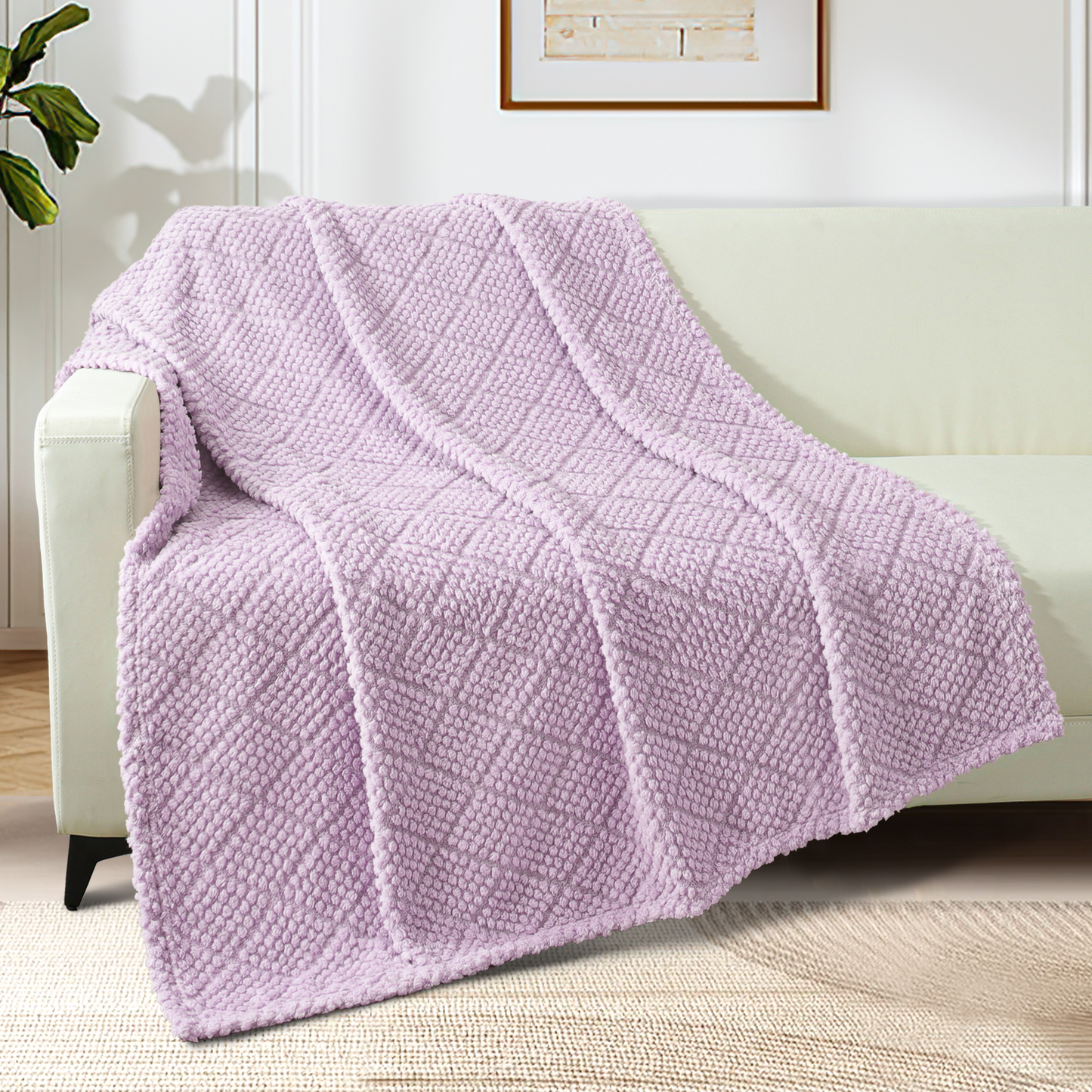 Whale Flotilla Fuzzy Fleece Throw Blanket for Couch, Bed, Soft Fluffy Jacquard Waffle Blankets for All Season, Lightweight and Warm, 50x60 Inch, Lilac