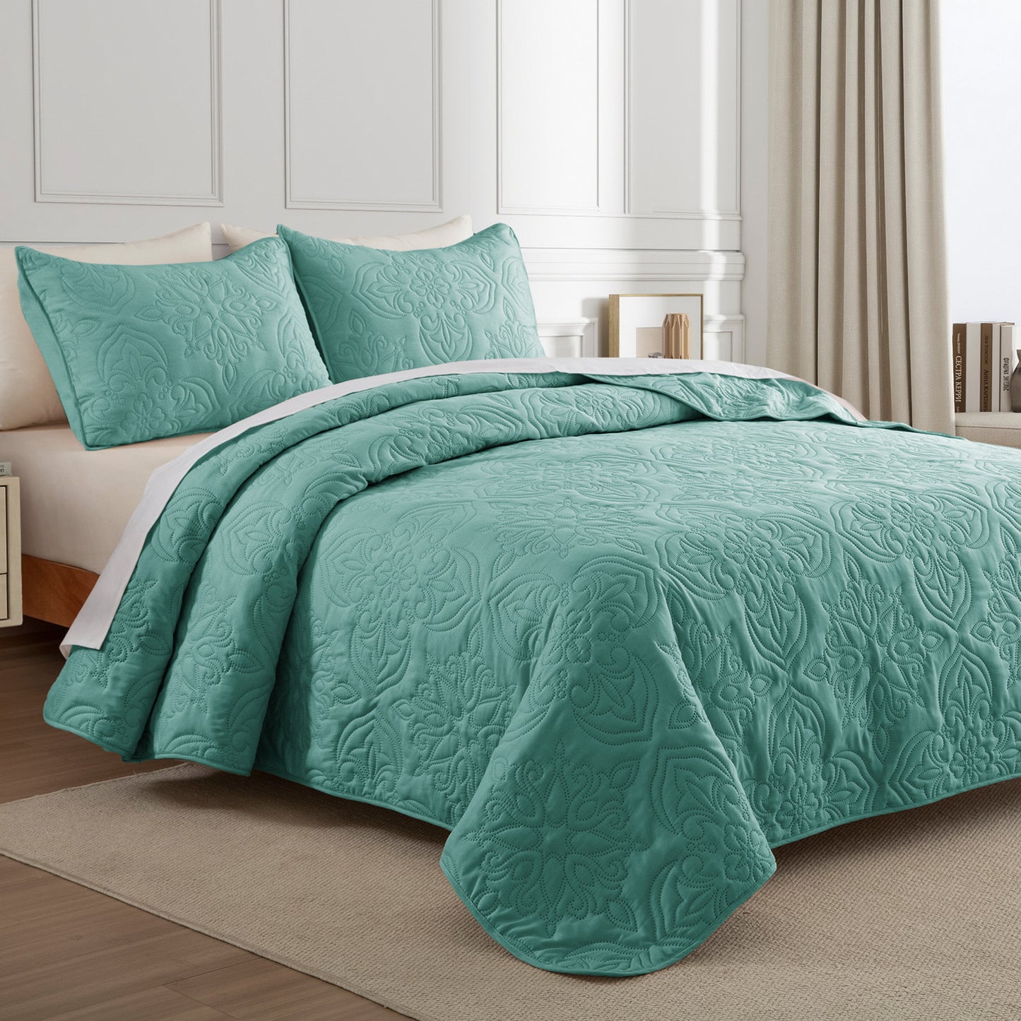 Whale Flotilla Soft California King Quilt Bedding Set for All Seasons, Vintage Damask Ultrasonic Quilts Set, Lightweight Reversible Bedspread, Coverlet, Bed Cover with 2 Pillow Shams, Turquoise Green