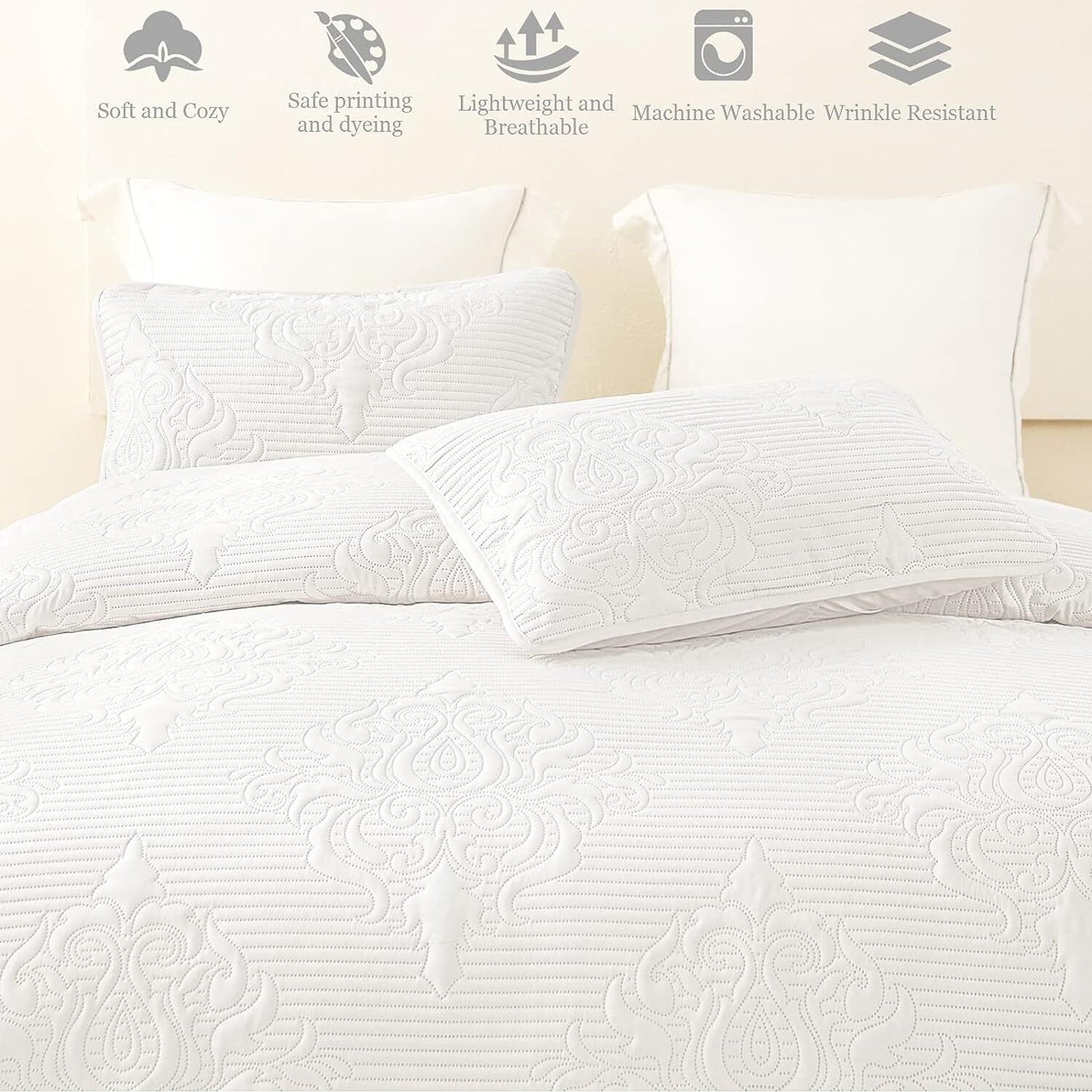 Whale Flotilla 3-Piece King Quilt Set, Soft Embossed Bedding Set, Lightweight Bedspread Coverlet with Damask Vintage Pattern, Reversible Bed Cover for All Seasons, Solid White