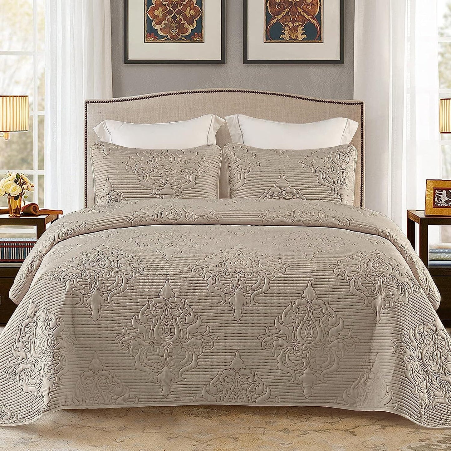 Whale Flotilla 3-Piece King Quilt Set, Soft Embossed Bedding Set, Lightweight Bedspread Coverlet with Damask Vintage Pattern, Reversible Bed Cover for All Seasons, Solid Light Grey