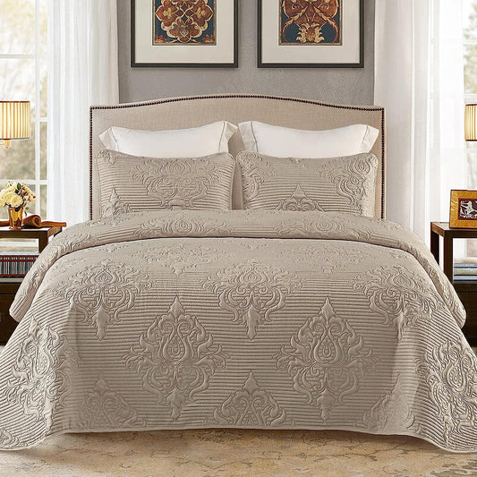 Whale Flotilla 2-Piece Twin Quilt Set, Soft Embossed Bedding Set, Lightweight Bedspread Coverlet with Damask Vintage Pattern, Reversible Bed Cover for All Seasons, Light Grey