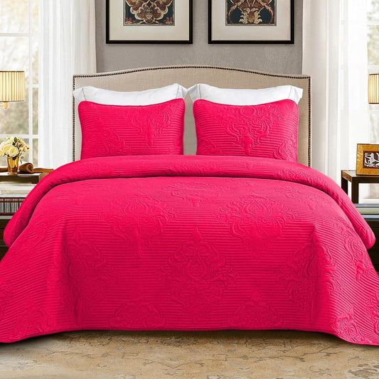 Whale Flotilla 3-Piece King Quilt Set, Soft Embossed Bedding Set, Lightweight Bedspread Coverlet with Damask Vintage Pattern, Reversible Bed Cover for All Seasons, Hot Pink