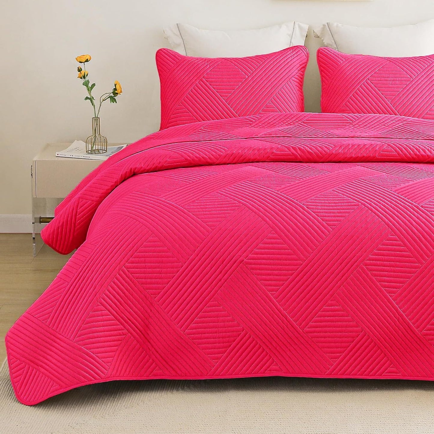 Whale Flotilla California King Quilt Set, Soft Oversized Quilts Bedspread Coverlet Embossed Pattern, Lightweight Reversible Bedding Sets for All Seasons with Pillow Shams, 104x112 Inches, Hot Pink