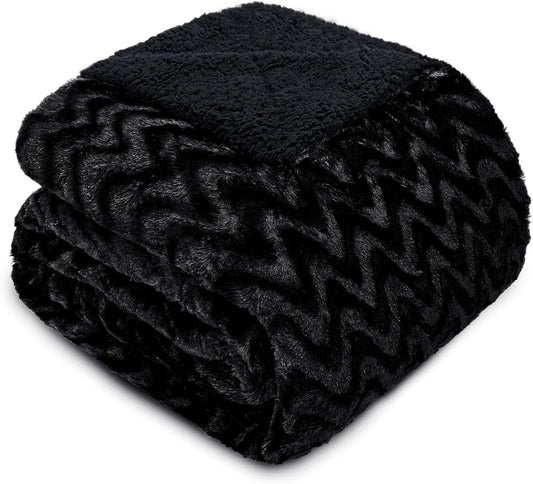 Whale Flotilla Faux Fur Sherpa Twin Size Blanket, Cozy Reversible Fuzzy Fluffy Plush Blankets with Stylish for Winter Fall, Warm and Soft, 60x80 Inch, Black