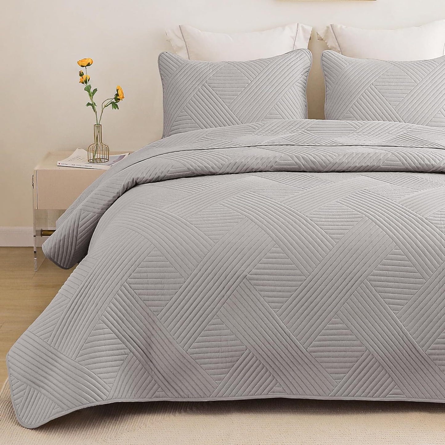 Whale Flotilla California King Quilt Set, Soft Oversized Quilts Bedspread Coverlet Embossed Pattern, Lightweight Reversible Bedding Sets for All Seasons with Pillow Shams, 104x112 Inches, Light Grey