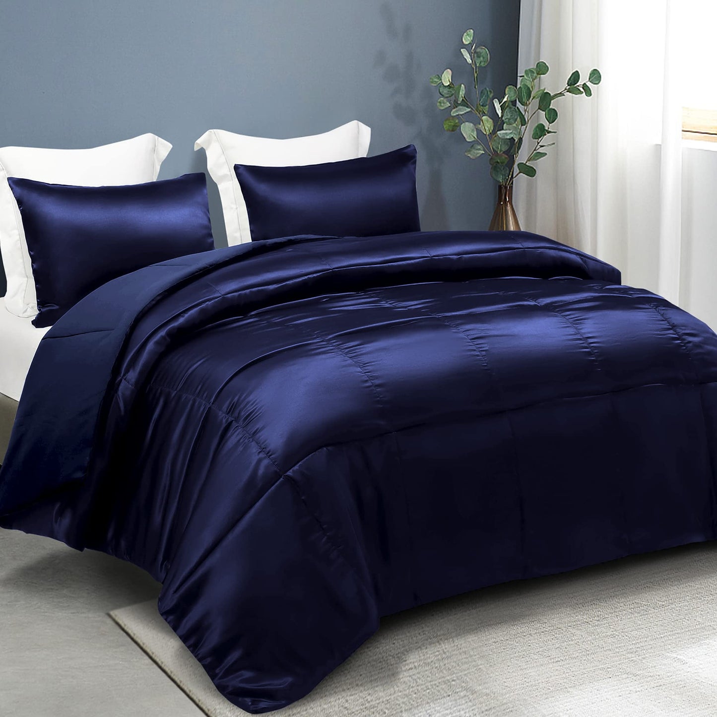 Whale Flotilla 3-Piece Reversible Queen Size Silk Comforter Set/Bedding Set, Soft Satin Comforter with 2 Satin Pillowcases, Lightweight Duvet Set for All Seasons, Navy