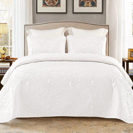 Whale Flotilla 3-Piece King Quilt Set, Soft Embossed Bedding Set, Lightweight Bedspread Coverlet with Damask Vintage Pattern, Reversible Bed Cover for All Seasons, Solid White