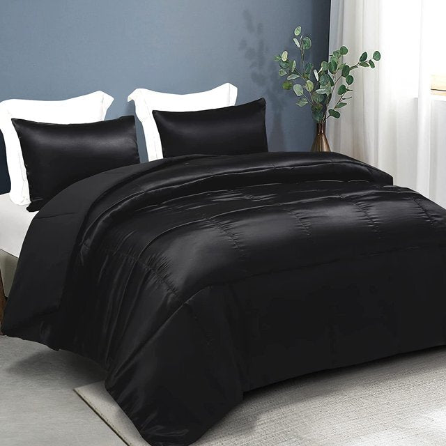 Whale Flotilla 3-Piece Reversible King Size Comforter Set/ Bedding Set, Soft Satin Comforter with 2 Satin Pillowcases, Lightweight Duvet Set for All Seasons, Black