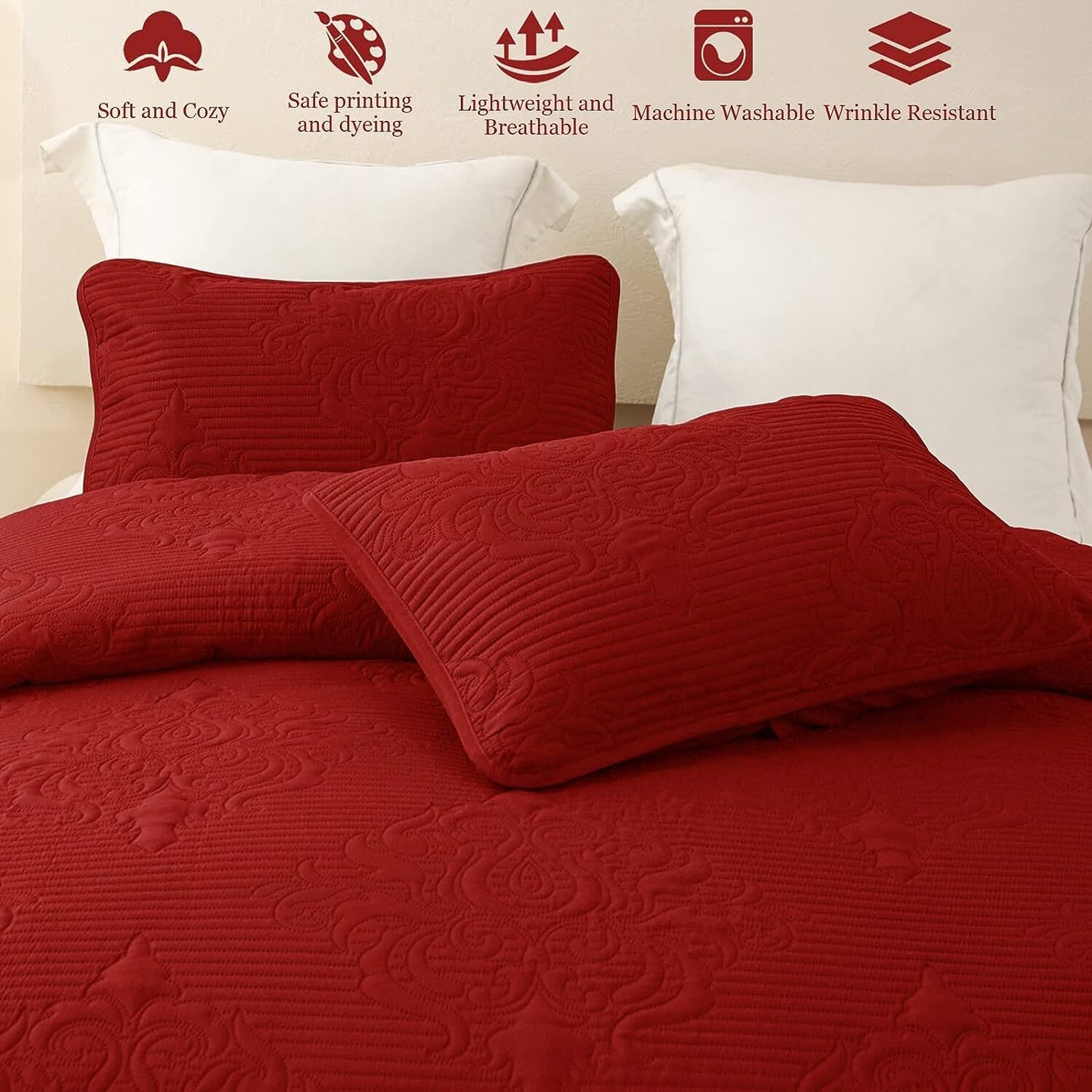 Whale Flotilla 3-Piece Queen Quilt Set, Soft Embossed Bedding Set, Lightweight Bedspread Coverlet with Damask Vintage Pattern, Reversible Bed Cover for All Seasons, Solid Red