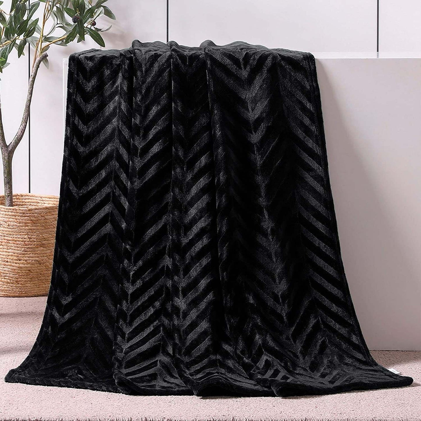 Whale Flotilla Soft Flannel Fleece Lightweight Throw Blanket(50"x60"), Brushed Chevron Design Fluffy Plush Cozy Blanket for All Seasons, Black