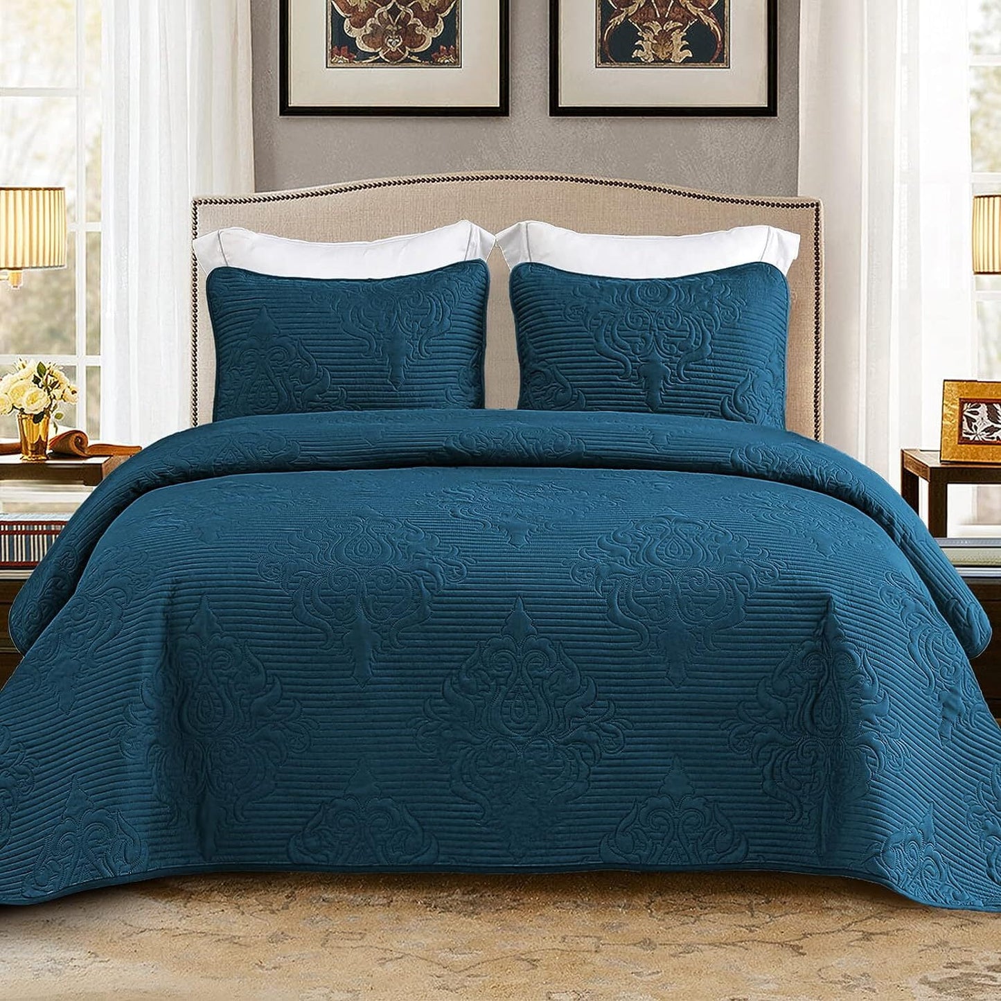 Whale Flotilla 3-Piece California King Size Quilt Set, Soft Ultrasonic Embossed Bedding Set, Lightweight Bedspread Coverlet with Boho Damask Pattern, Reversible Bed Cover for All Seasons, Damask Blue