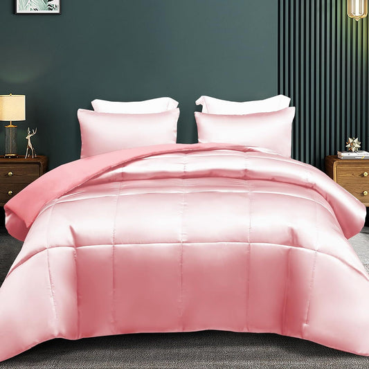 Whale Flotilla 3-Piece Reversible King Size Comforter Set/ Bedding Set, Soft Satin Comforter with 2 Satin Pillowcases, Lightweight Duvet Set for All Seasons, 90"X102", Pink