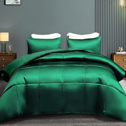 Whale Flotilla 3-Piece Reversible King Size Silk Comforter Set/Bedding Set, Soft Satin Comforter with 2 Satin Pillowcases, Lightweight Duvet Set for All Seasons, Deep Green