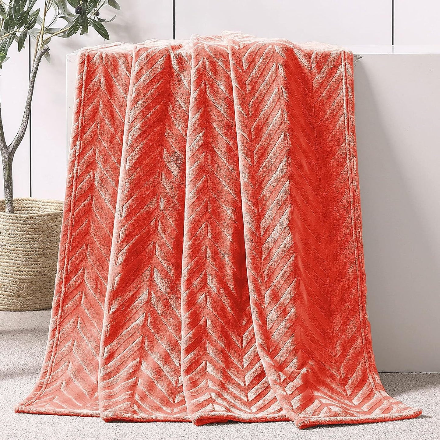 Whale Flotilla Fleece Throw Blanket for Couch, Soft Fluffy Sofa Bed Blanket with Chevron Pattern for All Season, Warm and Lightweight, 50x60 Inch, Coral