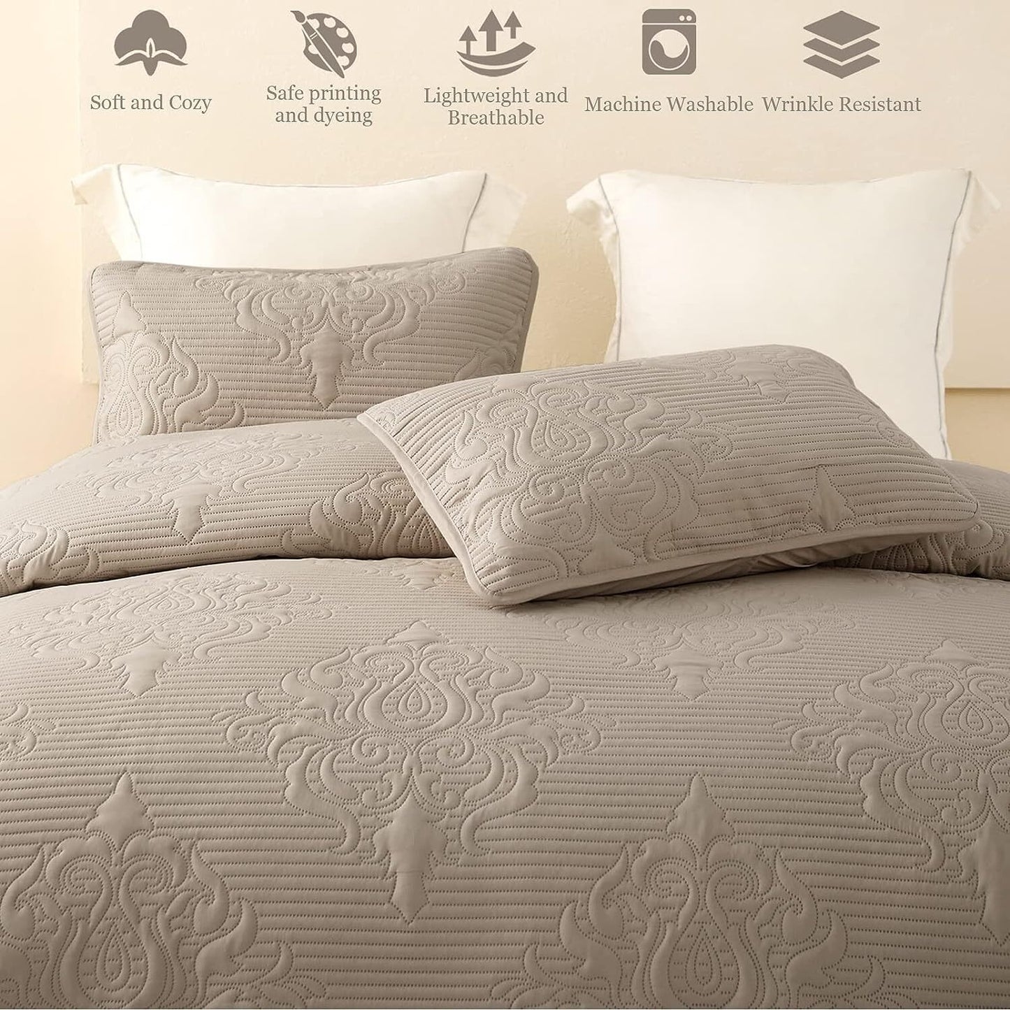 Whale Flotilla 3-Piece King Quilt Set, Soft Embossed Bedding Set, Lightweight Bedspread Coverlet with Damask Vintage Pattern, Reversible Bed Cover for All Seasons, Solid Light Grey