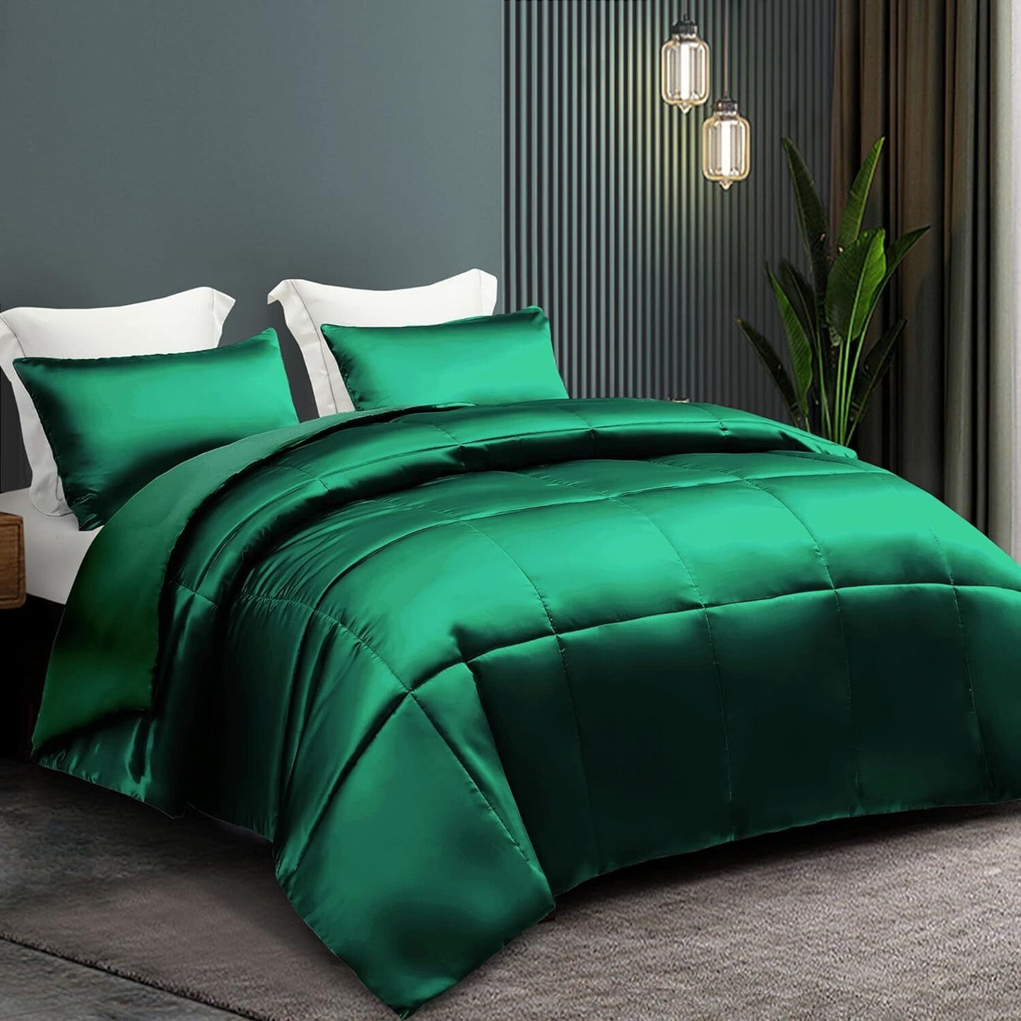 Whale Flotilla 3-Piece Reversible King Size Silk Comforter Set/Bedding Set, Soft Satin Comforter with 2 Satin Pillowcases, Lightweight Duvet Set for All Seasons, Deep Green