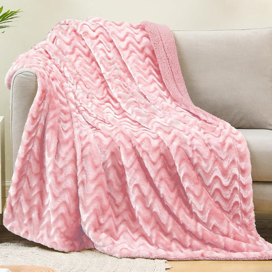 Whale Flotilla Faux Fur Sherpa Throw Blanket for Couch Sofa Bed, Cozy Reversible Fuzzy Fluffy Plush Throws Stylish Blankets for Winter Fall, Warm and Soft, 50x60 Inch, Pink