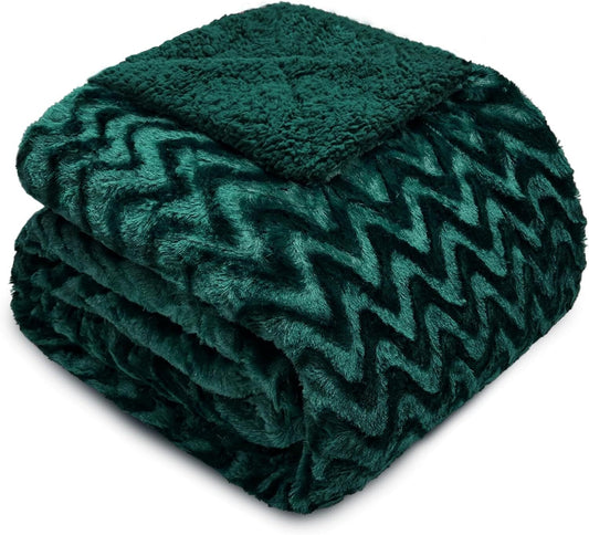 Whale Flotilla Faux Fur Sherpa Twin Size Blanket, Cozy Reversible Fuzzy Fluffy Plush Blankets with Stylish for Winter Fall, Warm and Soft, 60x80 Inch, Emerald Green