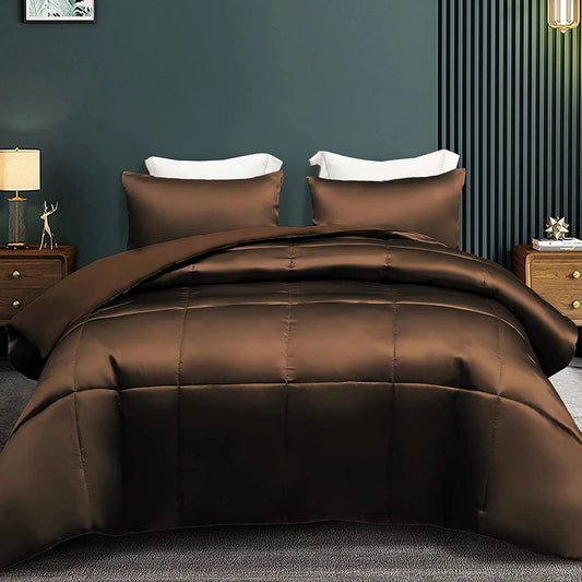 Whale Flotilla 3-Piece Reversible King Size Comforter Set/ Bedding Set, Soft Satin Comforter with 2 Satin Pillowcases, Lightweight Duvet Set for All Seasons, 90"X102", Brown