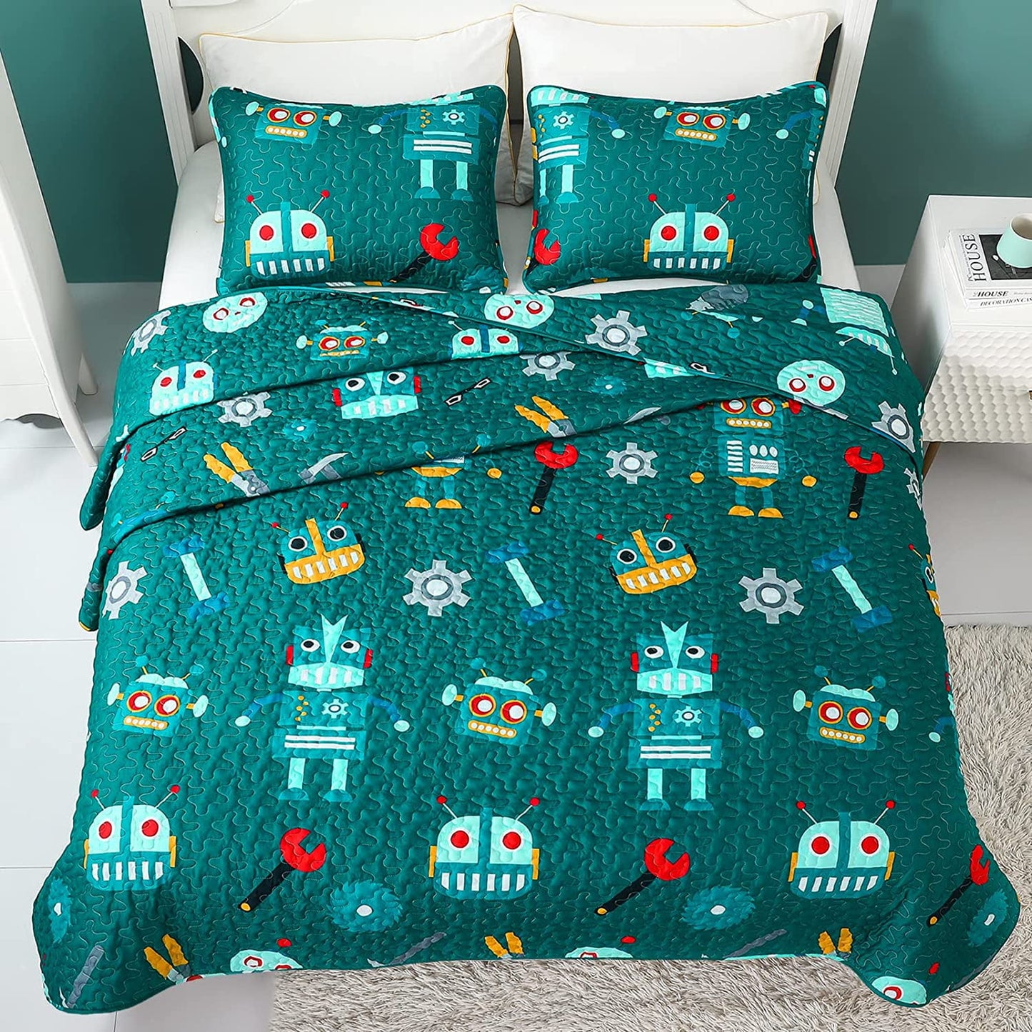 Whale Flotilla Cartoon Kids Quilt Set Twin Size, Soft Kids Bedding Set with Cute Robot Patterns, Microfiber Lightweight Bedspread Coverlet for Boys and Girls