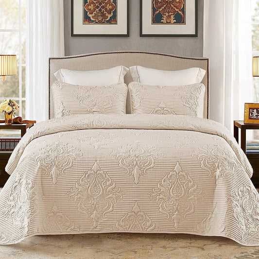 Whale Flotilla 3-Piece California King Size Quilt Set, Soft Ultrasonic Embossed Bedding Set, Lightweight Bedspread Coverlet with Boho Damask Pattern, Reversible Bed Cover for All Seasons, Brich Beige