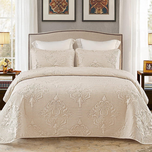 Whale Flotilla 2-Piece Twin Quilt Set, Soft Embossed Bedding Set, Lightweight Bedspread Coverlet with Damask Vintage Pattern, Reversible Bed Cover for All Seasons, Brich Beige