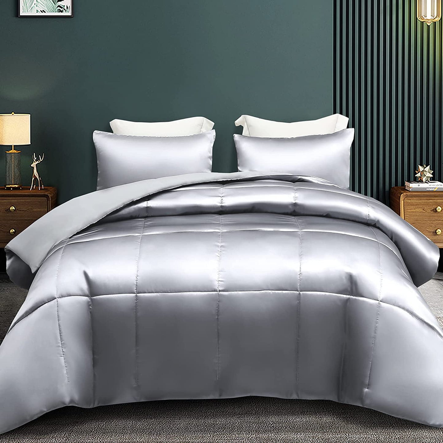 Whale Flotilla 3-Piece Reversible King Size Comforter Set/ Bedding Set, Soft Satin Comforter with 2 Satin Pillowcases, Lightweight Duvet Set for All Seasons, Grey