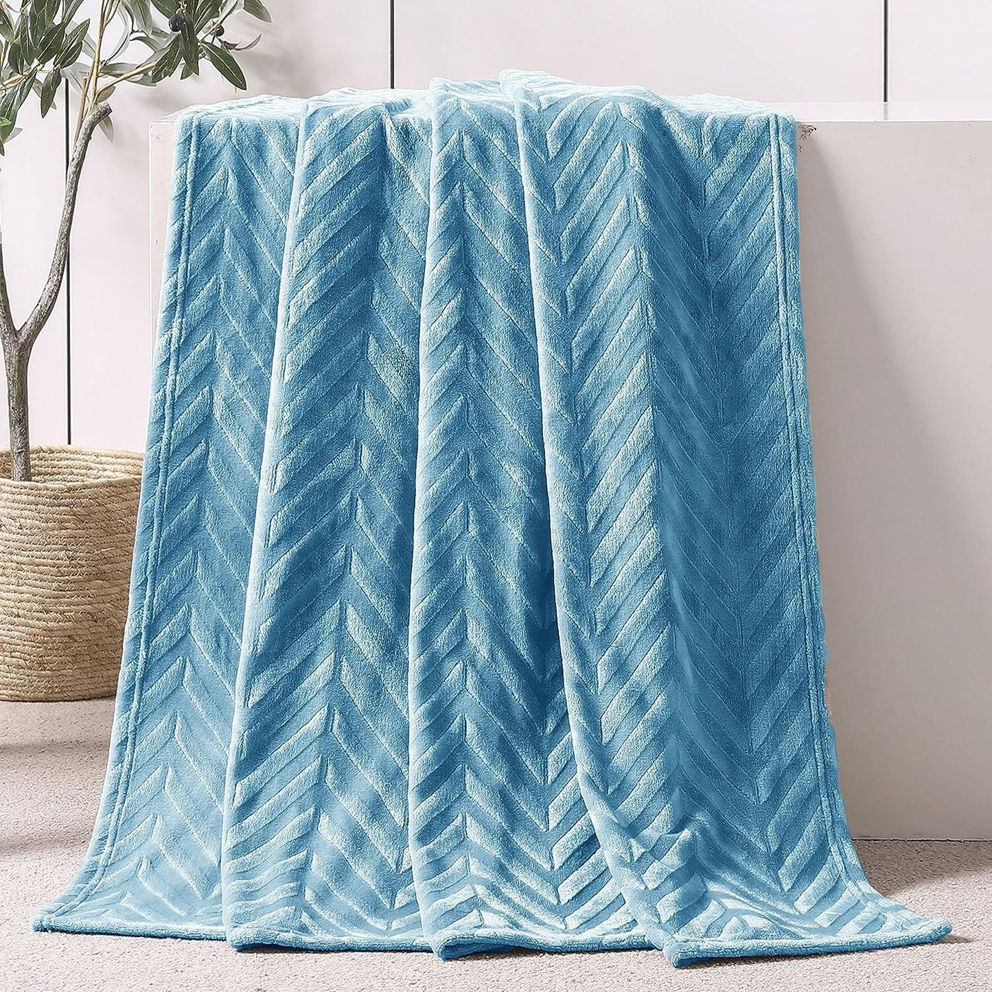 Whale Flotilla Fleece Throw Blanket for Couch, Soft Fluffy Sofa Bed Blanket with Chevron Pattern for All Season, Warm and Lightweight, 50x60 Inch, Stone Blue