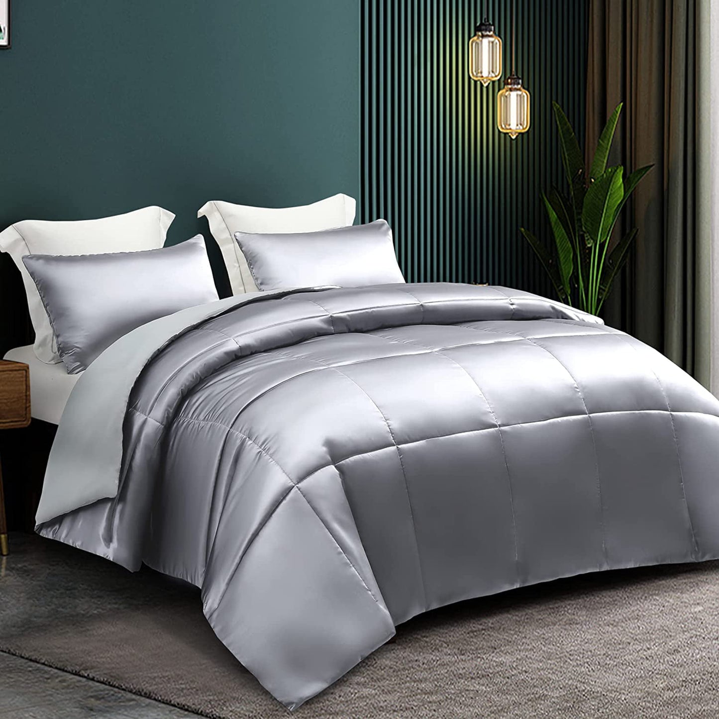 Whale Flotilla 3-Piece Reversible King Size Comforter Set/ Bedding Set, Soft Satin Comforter with 2 Satin Pillowcases, Lightweight Duvet Set for All Seasons, Grey