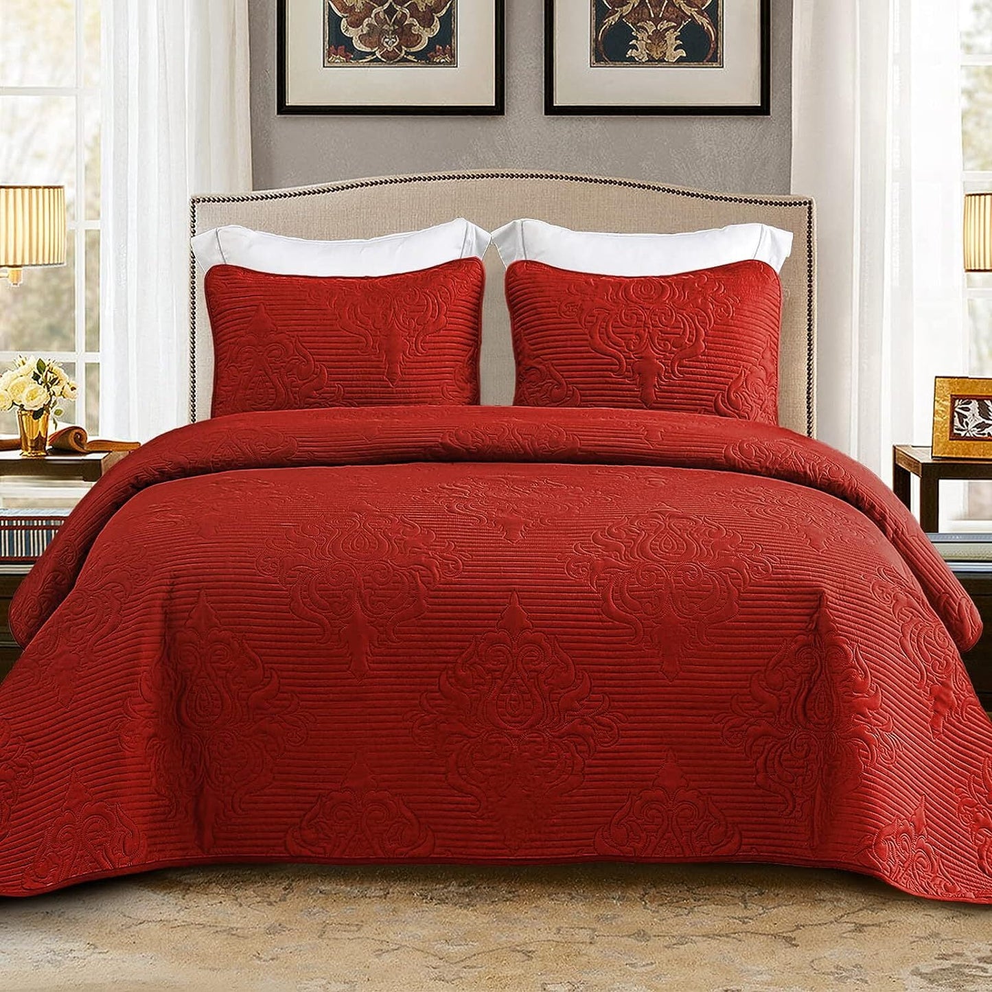 Whale Flotilla 3-Piece Queen Quilt Set, Soft Embossed Bedding Set, Lightweight Bedspread Coverlet with Damask Vintage Pattern, Reversible Bed Cover for All Seasons, Solid Red