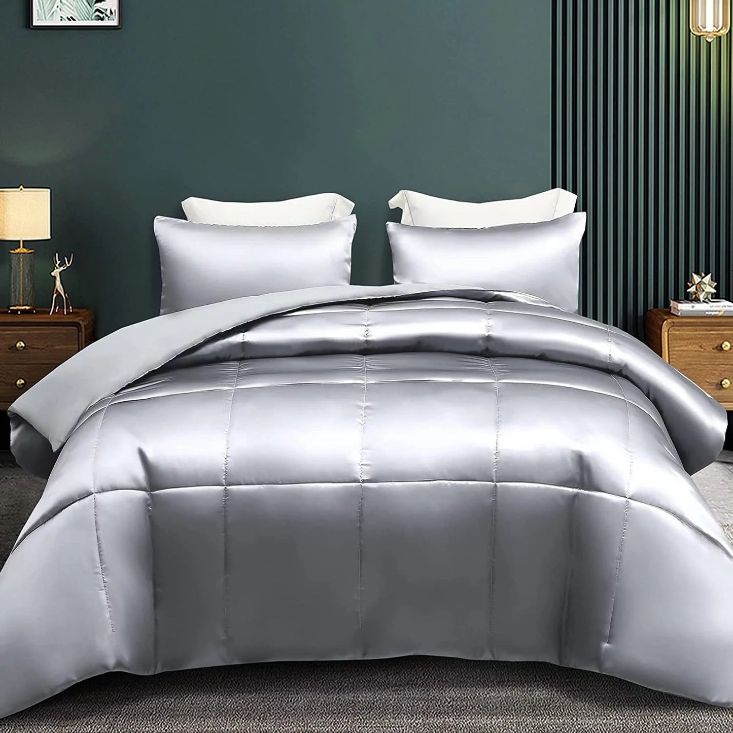 Whale Flotilla 3-Piece Reversible Queen Size Comforter Set/ Bedding Set, Soft Satin Comforter with 2 Satin Pillowcases, Lightweight Duvet Set for All Seasons, Grey