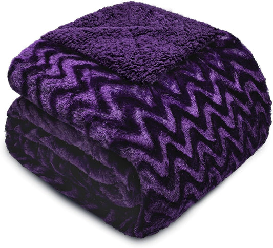 Whale Flotilla Faux Fur Sherpa Twin Size Blanket, Cozy Reversible Fuzzy Fluffy Plush Blankets with Stylish for Winter Fall, Warm and Soft, 60x80 Inch, Purple