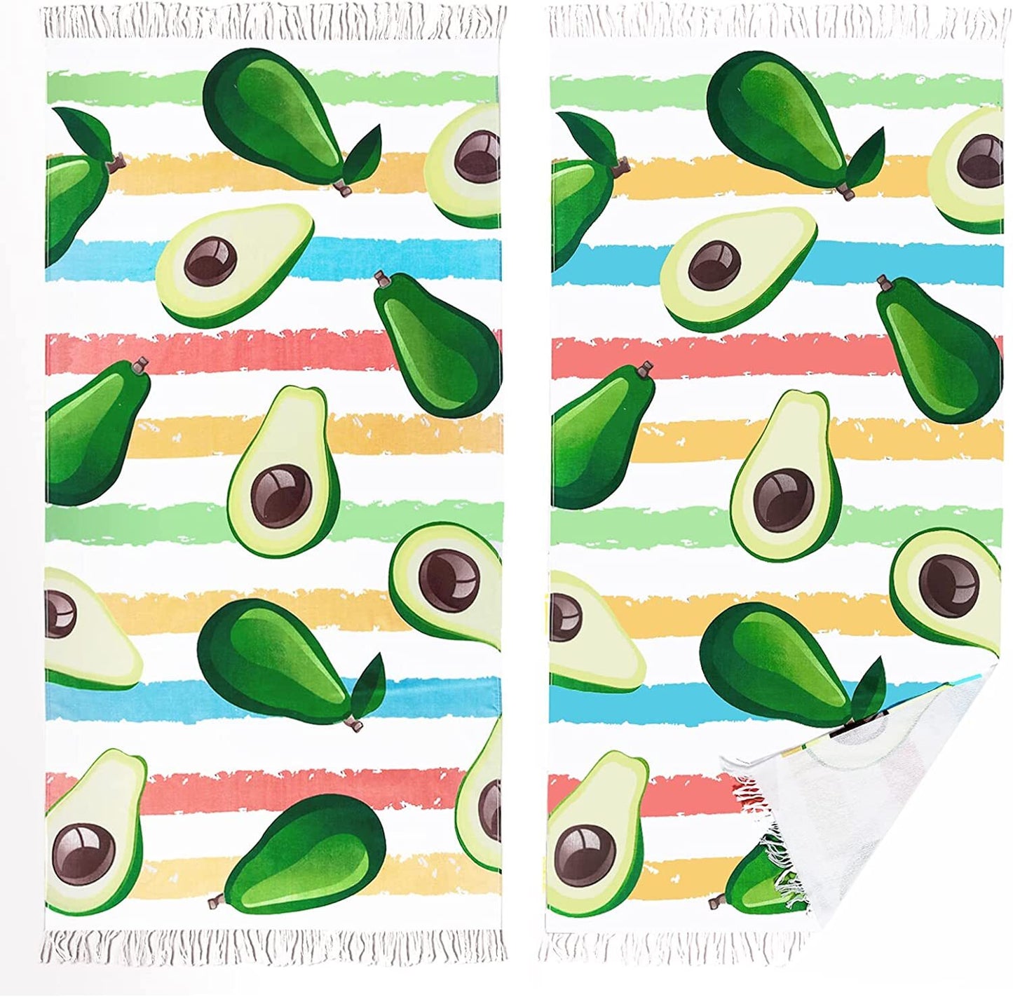 Whale Flotilla 2 Packs 100% Cotton Beach Towel (35x70 Inch), Oversized Soft Absorbent Camping Pool Travel Towel with Stripe Fruit Pattern for Kids and Adults (Avocado)