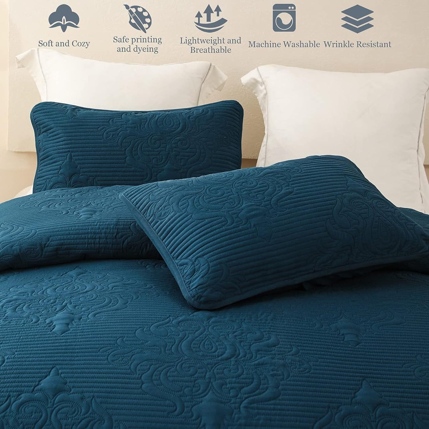 Whale Flotilla 3-Piece California King Size Quilt Set, Soft Ultrasonic Embossed Bedding Set, Lightweight Bedspread Coverlet with Boho Damask Pattern, Reversible Bed Cover for All Seasons, Damask Blue