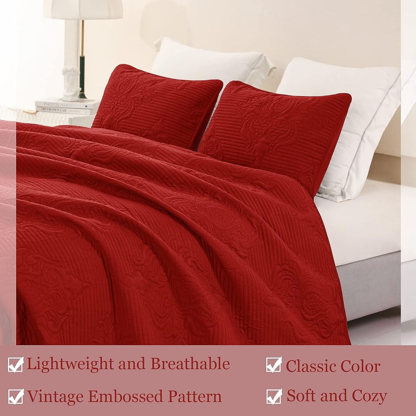 Whale Flotilla 3-Piece Queen Quilt Set, Soft Embossed Bedding Set, Lightweight Bedspread Coverlet with Damask Vintage Pattern, Reversible Bed Cover for All Seasons, Solid Red