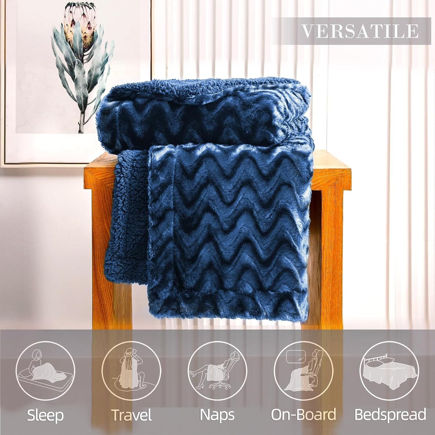 Whale Flotilla Faux Fur Sherpa King Size Blanket, Cozy Reversible Fuzzy Fluffy Plush Blankets with Stylish for Winter Fall, Warm and Soft, 90x104 Inch, Navy