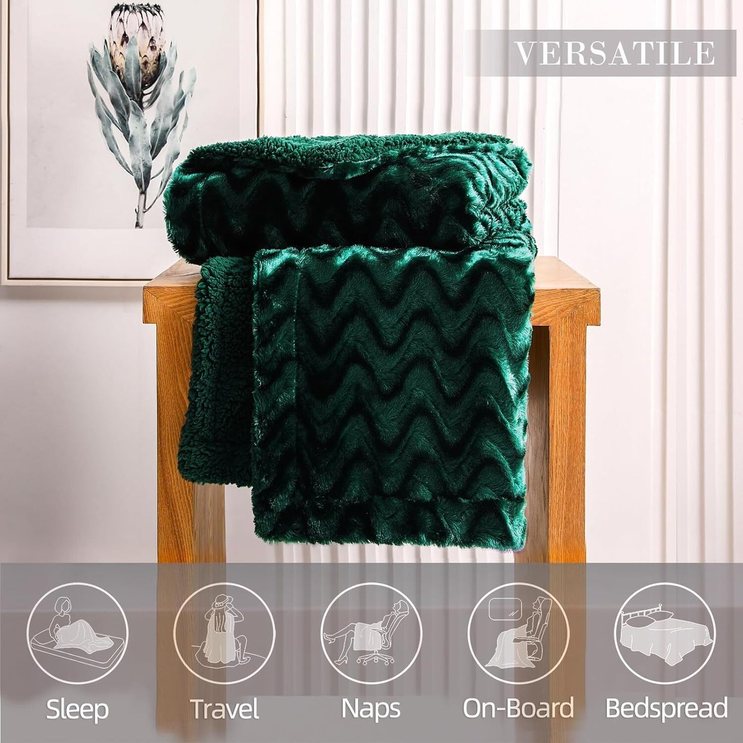 Whale Flotilla Faux Fur Sherpa Twin Size Blanket, Cozy Reversible Fuzzy Fluffy Plush Blankets with Stylish for Winter Fall, Warm and Soft, 60x80 Inch, Emerald Green