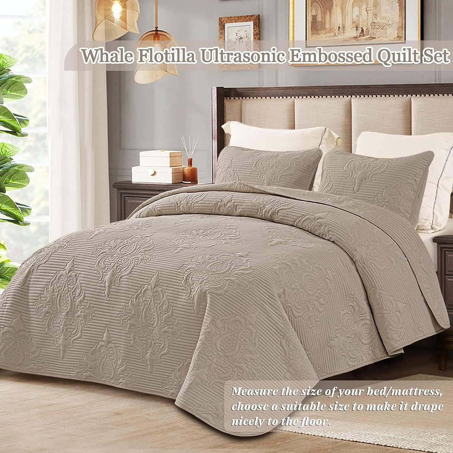 Whale Flotilla 3-Piece King Quilt Set, Soft Embossed Bedding Set, Lightweight Bedspread Coverlet with Damask Vintage Pattern, Reversible Bed Cover for All Seasons, Solid Light Grey