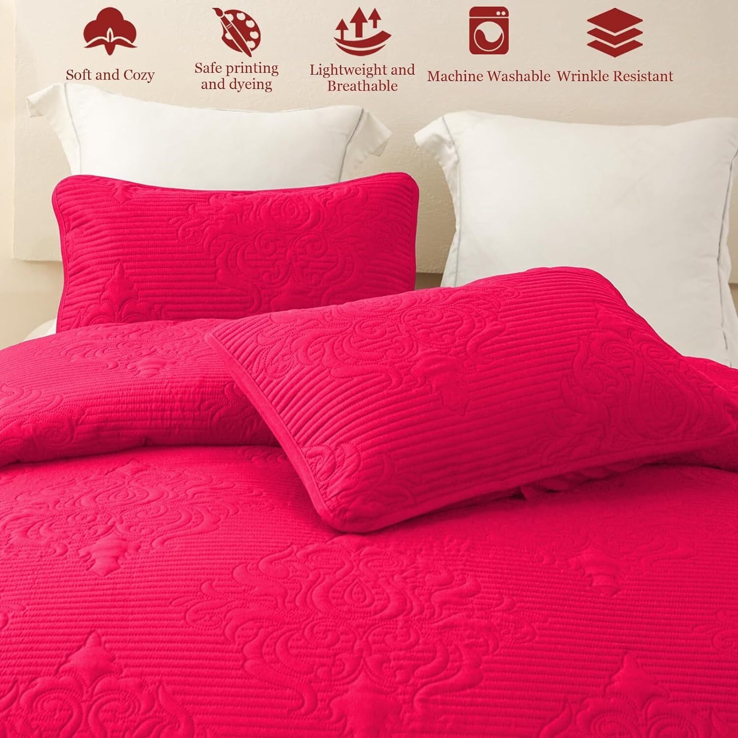 Whale Flotilla 3-Piece Queen Quilt Set, Soft Embossed Bedding Set, Lightweight Bedspread Coverlet with Damask Vintage Pattern, Reversible Bed Cover for All Seasons, Hot Pink